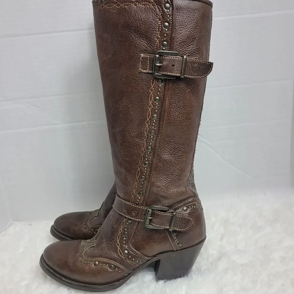 Black Star Women's Boots Size 8.5 Brown Leather Studded Zipper Western Cowboy